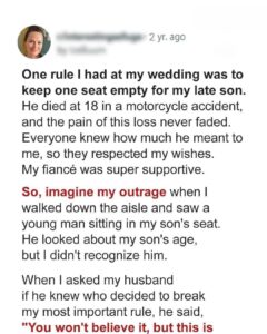 Woman Leaves Empty Seat for Late Son at Her Wedding, Sees Unfamiliar Man Occupy It