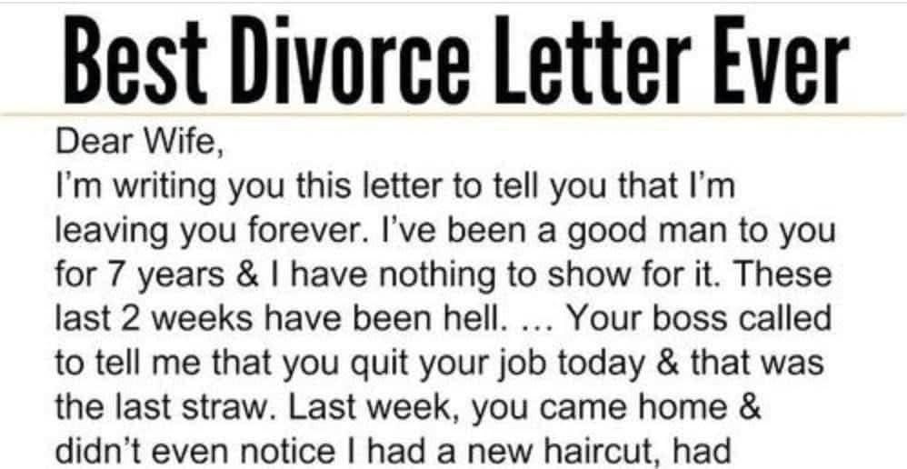 Wife receives a divorce letter from husband, her reply is brilliant