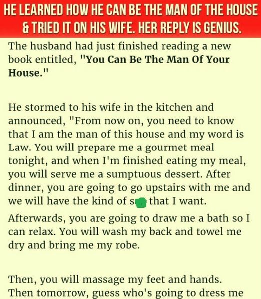 HUSBAND LEARNS HOW TO BE THE MAN OF THE HOUSE AND TRIED IT ON HIS WIFE BUT HER REPLY IS GENIUS.