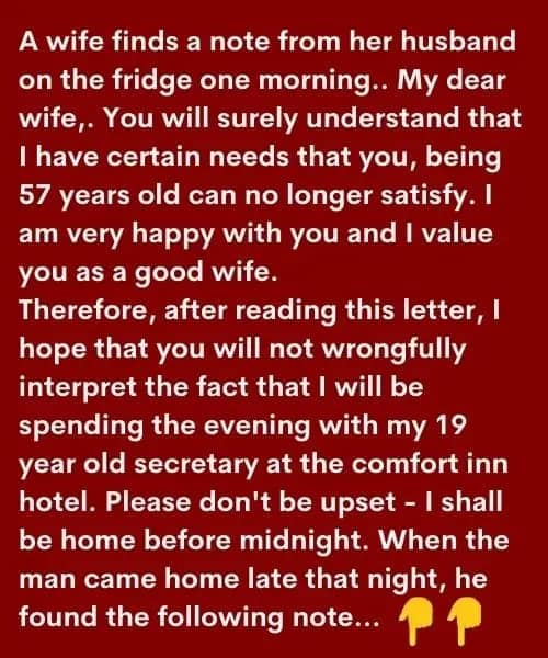 A wife finds a note from her husband