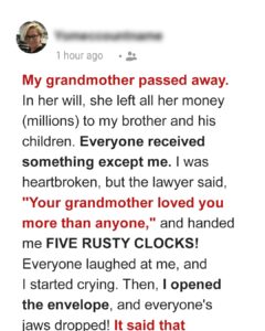 Linda Inherits Grandma’s Old Clocks & Greedy Brother Gets House, Turns Out She Got Almost $200K