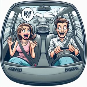 A married couple is driving along a highway doing a steady 40 miles per hour.
