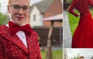 This 16-year-old rocked prom with a stunning red skirt and a dazzling tuxedo top