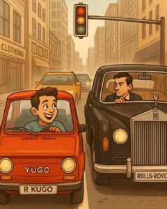 A guy driving a Yugo pulls up at a stoplight next to a Rolls-Royce
