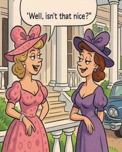 Two Southern Belles were chatting on the porch of a grand white-pillared mansion