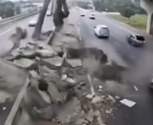 The bridge support collapsed after the earthquake, but it was just the outer concrete