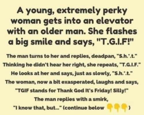 A young, extremely perky woman gets into an elevator with an older man…