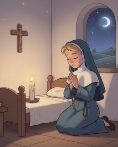 A blonde nun was praying in her room