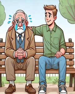 A 90-year-old man is sitting on a park bench, sobbing