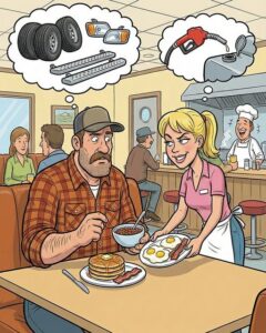 A long-haul trucker slid into a booth at a busy highway café